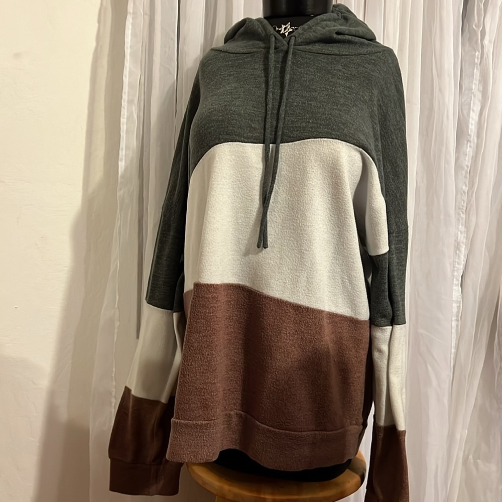 Pullover Hoodie Sweater By Beeson River/Brown Cream & Army Green Stripes size - Picture 3 of 11